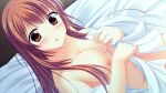  1girl ayamisiro bed_sheet blanket bow breasts brown_eyes brown_hair censored completely_nude dutch_angle flower_hairclip game_asset hair_bow holding holding_blanket indoors long_hair looking_at_viewer medium_breasts mosaic_censoring natsu_koi_high_pressure nipples non-web_source nude official_art shinonome_misaki solo 