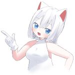  1girl animal_ears blue_eyes blush breasts cat_ears cat_girl fang finger_gun gloves head_tilt highres looking_at_viewer maimai_(game) medium_breasts milk_(maimai) open_mouth shirt short_hair simple_background sleeveless sleeveless_shirt smile solo tt_(mmk_lr) upper_body white_background white_gloves white_hair white_shirt 