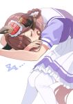  1girl animal_ears blush bow bowtie braid braided_hair_rings breasts brown_hair closed_eyes commentary_request ear_covers ear_ornament gentildonna_(umamusume) hair_between_eyes hair_ornament hair_rings heart-shaped_ornament heart_ear_ornament highres horse_ears horse_girl horse_tail large_breasts long_hair pleated_skirt puffy_short_sleeves puffy_sleeves purple_bow purple_bowtie purple_shirt sailor_collar sailor_shirt school_uniform shirt short_sleeves simple_background skirt sleeping solo ssskr0909 summer_uniform tail thighhighs tracen_school_uniform umamusume white_background white_sailor_collar white_skirt white_thighhighs zzz 