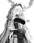  1girl animal_ears antlers arknights blush breasts commentary cowboy_shot deer_antlers deer_ears deer_girl eyebrows_hidden_by_hair four-finger_heart_hands gloves hair_between_eyes heart heart_hands heart_hands_over_stomach highres hood hood_up horns implied_after_sex large_breasts long_hair looking_at_viewer monochrome parted_lips partially_fingerless_gloves pelvic_curtain puff_of_air rainyghostdance_(migumo) smile solo standing suggestive_fluid viviana_(arknights) wavy_hair white_background 
