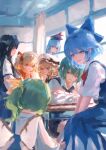  6+girls absurdres black_cape black_hair blonde_hair blue_bow blue_dress blue_eyes blue_hair blue_hat bow cape chair cirno classroom closed_mouth collared_shirt commentary_request daiyousei desk detached_wings dress fairy fairy_wings green_eyes green_hair hair_bow hat headdress highres hjwhuhu ice ice_wings kamishirasawa_keine luna_child multiple_girls on_chair one_side_up open_mouth pinafore_dress purple_shorts red_eyes school_desk shirt short_hair short_sleeves shorts sitting sleeveless sleeveless_dress smile star_sapphire sunny_milk touhou white_hat white_shirt wings wriggle_nightbug 