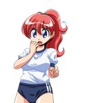  1girl blue_eyes breasts buruma game_asset gym_shirt gym_uniform hair_between_eyes hand_up large_breasts large_variant_set long_hair lowres manjuverunu_no_sen_otome marianne_(manjuverunu) non-web_source official_art open_mouth ponytail raised_inner_eyebrows red_hair self-datamine shirt short_sleeves simple_background siubomanjyu solo standing sweatdrop tachi-e transparent_background variant_set wide-eyed 