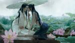 2boys barefoot black_hair black_pants boat chinese_clothes closed_eyes commentary couple cup english_commentary face-to-face flower from_side glassbearer grandmaster_of_demonic_cultivation hair_ribbon hair_tie hanfu headband high_ponytail highres holding holding_cup holding_umbrella imminent_kiss kneeling lake lan_wangji long_hair long_sleeves looking_at_another lotus lotus_leaf male_focus multiple_boys oil-paper_umbrella on_boat outdoors pants parted_lips pink_flower ponytail profile rain red_ribbon ribbon robe sash shared_umbrella sidelocks sitting topless_male umbrella very_long_hair water water_drop watercraft wei_wuxian wet wet_clothes wet_hair white_hanfu white_headband wide_sleeves yaoi 