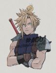  1boy animal_on_head aqua_eyes armor bandaged_arm bandages bird bird_on_head blonde_hair blue_shirt brown_gloves buster_sword canary closed_mouth cloud_strife cropped_torso crossed_arms crossover earrings final_fantasy final_fantasy_vii gloves hair_between_eyes jewelry looney_tunes male_focus muscular muscular_male on_head parted_lips pauldrons ribbed_shirt ribbed_sweater sharp_na_ago shirt short_hair shoulder_armor single_bare_shoulder single_earring single_pauldron spiked_hair stud_earrings suspenders sweater sword sword_on_back turtleneck tweety_bird twintails twitter_username upper_body weapon weapon_on_back 