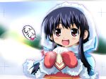  1girl :d black_hair blue_capelet blurry blurry_background breath capelet choko_(chokotto_sister) chokotto_sister commentary_request dated day dress food fur-trimmed_capelet fur-trimmed_mittens fur_trim heart holding holding_food hood hood_up hooded_capelet long_hair long_sidelocks mittens official_art open_mouth orange_dress outdoors pink_eyes red_mittens sidelocks signature smile snow solo speech_bubble spoken_heart steamed_bun trim_marks umetsu_yukinori upper_body 