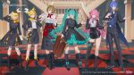  2boys 4girls :d ;d alcohol aqua_bow aqua_eyes aqua_hair artist_name asymmetrical_legwear black_coat black_dress black_hat black_jacket black_shoes black_shorts black_skirt black_socks blonde_hair blue_eyes blue_hair blue_vest bow brown_eyes brown_hair checkered_floor coat coattails commentary_request company_name copyright_notice cup dress drinking_glass frilled_skirt frills full_body grin hair_between_eyes hair_bow hat hatsune_miku holding holding_suitcase holding_tray holding_whisk jacket kagamine_len kagamine_rin kaito_(vocaloid) megurine_luka meiko_(vocaloid) multiple_boys multiple_girls official_art ohayosayonara one_eye_closed open_clothes open_jacket pink_hair second-party_source shirt shoes shorts single_sock single_thighhigh skirt smile socks stairs standing suitcase tailcoat teeth thighhighs tray twintails vest vocaloid web_address whisk white_shirt wine wine_glass 