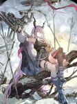  1girl arknights arm_up asymmetrical_legwear bare_shoulders bare_tree black_hairband black_horns black_jacket black_romper black_shoes black_socks black_thighhighs chinese_commentary commentary_request full_body glint hair_between_eyes hairband highres holding horns jacket knee_up kneehighs long_hair looking_at_viewer nominus outdoors parted_lips pink_eyes plant platform_shoes purple_hair romper shoes single_kneehigh single_sock single_thighhigh sitting sleeveless snow socks solo tail thigh_strap thighhighs tree typhon_(arknights) uneven_legwear very_long_hair 
