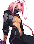  1girl adhesive_bra artist_name blue_eyes blushyspicy bodysuit braid breasts commentary cyberpunk:_edgerunners cyberpunk_(series) english_commentary highres long_hair mask medium_breasts mouth_mask navel open_bodysuit open_clothes pink_hair simple_background solo talia_yang white_background 