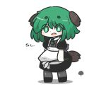  1girl animal_ears apron black_dress black_shoes blush chibi commentary_request dress duster enmaided fang full_body green_eyes green_hair grey_pantyhose hair_between_eyes highres holding kasodani_kyouko maid open_mouth pantyhose puffy_short_sleeves puffy_sleeves sea_urchin shadow shoes short_eyebrows short_sleeves simple_background solo standing tail thick_eyebrows touhou translation_request uni_souchou white_apron white_background 