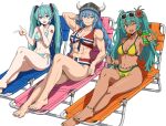  2026_fifa_world_cup 3girls alternate_breast_size_(larger) aqua_eyes aqua_hair arm_tattoo artistic_error bare_arms bare_legs bare_shoulders barefoot bikini blue_eyes blue_hair blush bracelet braid brazilian_flag brazilian_flag_print brazilian_miku breasts chair cleavage closed_mouth collarbone commentary dark-skinned_female dark_skin earrings english_commentary eyewear_on_head fake_horns feet flag_print flag_print_bikini flower hair_between_eyes hair_flower hair_ornament hatsune_miku hatsune_miku_world_cup_custody_battle_(meme) helmet highres horned_helmet horns jewelry large_breasts long_hair looking_at_viewer lounge_chair medium_breasts meme multicolored_nails multiple_girls muscular muscular_female nail_polish navel norway norwegian_flag norwegian_flag_bikini norwegian_flag_print norwegian_miku number_tattoo open_mouth print_bikini revision shiren_(ourboy83) sitting smile stomach striped_bikini striped_clothes sunglasses swimsuit tan tattoo teeth toenail_polish toenails toes twin_braids twintails upper_teeth_only very_long_hair vocaloid world_cup yellow_bikini 