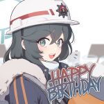  backscratcher777 black_hair black_jacket blue_archive commentary english_text fur-trimmed_jacket fur_trim green_eyes halo happy_birthday hard_hat helmet highres holding holding_sign jacket labor_party_member_(blue_archive) long_hair looking_at_viewer minori_(blue_archive) multiple_girls open_mouth red_winter_federal_academy_logo scarf sign smile upper_body white_helmet white_scarf 