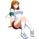  1girl :o arm_support armband ato_(ikkitousen) breasts brown_eyes brown_hair flipped_hair full_body game_asset green_armband gym_shorts gym_uniform hachimaki headband ikkitousen ikkitousen_extra_burst knees_up large_breasts medium_hair non-web_source official_art parted_lips red_shorts self-datamine shirt shoes short_sleeves shorts simple_background sitting sneakers socks solo t-shirt translated transparent_background variant_set white_headband white_shirt white_shoes white_socks 