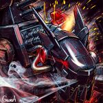  commentary_request digimon digimon_(creature) exhaling_smoke gloria_(ggggggsan1) glowing glowing_eyes highres mugendramon no_humans non-humanoid_robot portrait red_eyes robot robot_dragon sentry signature skull smoke solo sparks weapon 