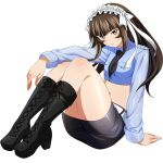 1girl arm_on_knee arm_support belt black_boots black_necktie black_skirt blue_shirt blush boots bow bow_hairband breast_pocket breasts brown_eyes brown_hair closed_mouth frilled_hairband frills full_body game_asset hairband high_heel_boots high_heels ikkitousen ikkitousen_extra_burst knee_boots knees_up lace-up_boots long_hair long_sleeves looking_at_viewer midriff necktie non-web_source official_art pencil_skirt pocket police police_uniform policewoman see-through_clothes see-through_sleeves self-datamine shirt short_necktie sidelocks simple_background sitting skirt small_breasts smile solo ten'i_(ikkitousen) transparent_background variant_set white_belt white_bow white_hairband 