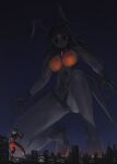  2girls alien antennae armor artist_name ass_visible_through_thighs black_gloves black_hair black_pantyhose black_shoes bodysuit breasts chest_jewel city city_lights closed_mouth colored_skin commentary_request destruction ebizome expressionless forehead_jewel full_body gem giant giantess gloves glowing groin groin_tendon highres jitome kaiju kneeling large_breasts looking_down looking_up multiple_girls night pantyhose personification shin_ultraman shoes signature silver_skin size_difference sky thighhighs thighs thong tokusatsu ultra_series ultraman ultraman_(shin) yellow_gem zetton zetton_(shin) 