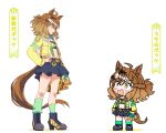  1girl :o ahoge animal_ears bandeau blue_skirt blush braid brown_hair character_name chibi clone colored_shadow commentary_request cropped_jacket earrings fang green_socks hair_between_eyes hair_ornament hairclip half_up_half_down_braid hand_on_own_hip highres horse_ears horse_girl horse_tail jacket jewelry jungle_pocket_(champion's_battle_cry)_(umamusume) jungle_pocket_(umamusume) long_sleeves medium_hair multicolored_hair multiple_earrings multiple_hairclips notched_ear open_clothes open_mouth sanpaku shadow simple_background single_hair_streak single_loose_sock skirt socks solo steel-toe_boots streaked_hair sweat tail teardrop_earrings translated umamusume umamusume:_beginning_of_a_new_era v-shaped_eyebrows white_background white_streaks yellow_bandeau yellow_eyes yellow_jacket yurin35699515 