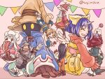  1other 3girls 4boys adelbert_steiner amarant_coral aqua_vest arm_behind_back armor armored_boots ascot beard bib black_hair black_mage_(final_fantasy) blue_coat blue_eyes blue_pants blue_wrist_cuffs bodysuit boots bow brown_boots brown_gloves burmecian cat_tail chef_hat clawed_feet closed_eyes coat commentary_request dreadlocks earrings eiko_carol facial_hair final_fantasy final_fantasy_ix flower freya_crescent frog_on_head furrowed_brow garnet_til_alexandros_xvii gloves golden_frog_(ff9) grey_gloves grey_skirt hair_bow hair_ornament hair_over_eyes hairclip hat helmet highres holding holding_flower hoop_earrings horns jewelry light_blush long_hair low-tied_long_hair mini_wings moogle mouse_girl multiple_boys multiple_girls open_mouth orange_bodysuit outstretched_arm overalls pants pauldrons pennant pink_coat pink_sweater plate_armor quina_quen red_coat red_gloves red_hair red_helmet short_hair shoulder_armor single_horn sitting size_difference skirt smile standing striped_clothes striped_pants sujiniku sweater tabard tail tongue tongue_out twintails vest vivi_ornitier white_ascot white_hair winged_helmet wings wizard_hat wrist_cuffs yellow_bow yellow_eyes yellow_overalls zidane_tribal 