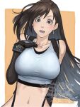  1girl 5tatsu bare_shoulders black_gloves black_hair black_sports_bra border bracelet breasts collarbone commentary_request crop_top earrings elbow_gloves final_fantasy final_fantasy_vii final_fantasy_vii_remake fingerless_gloves gloves highres jewelry large_breasts long_hair looking_at_viewer materia midriff navel open_mouth outside_border red_eyes solo sports_bra surprised suspenders tank_top teardrop_earrings tifa_lockhart upper_body white_border white_tank_top 