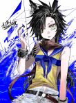  1girl air_shakur_(umamusume) air_shakur_(unsigned)_(umamusume) animal_ears arm_tattoo belt black_belt black_hair black_nails blue_neckerchief blue_sailor_collar bracelet character_name commentary_request ear_chain eyebrow_piercing face_piercing fingernails highres horse_ears horse_girl jewelry linked_piercing long_hair looking_at_viewer navel neckerchief piercing sailor_collar sailor_shirt shirt shorts sk1y_as sleeveless sleeveless_shirt solo tattoo umamusume upper_body white_background white_shorts yellow_eyes yellow_shirt 