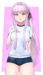  1girl absurdres ass_visible_through_thighs black_ribbon braid breasts buruma commentary cowboy_shot danganronpa:_trigger_happy_havoc danganronpa_(series) gloves gym_shirt gym_uniform hair_ribbon highres kirigiri_kyoko long_hair looking_at_viewer meipasuye open_mouth pink_background purple_eyes ribbon shirt short_sleeves simple_background solo white_background white_shirt 