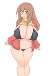  :o bad_id bad_pixiv_id bikini black_bikini blush breasts brown_hair cleavage clothes_lift eyebrows green_eyes huge_breasts jacket kaz_(shade) long_hair navel open_clothes open_jacket original plump simple_background solo sweater sweater_lift swimsuit thigh_gap turtleneck white_background 
