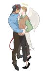  2boys all_saints_street angel_wings animal_ears black_hair black_pants blue_shirt braid brown_hair brown_vest couple cow_ears demon_tail facial_hair full_body goatee_stubble green_shirt halo highres imminent_kiss kiss lynn_angel male_focus multiple_boys nick_holt pants shirt short_hair simple_background stubble tail tensoba20230223 traditional_halo vest white_background wings yaoi 