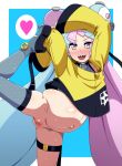  1girl :d blue_background blush censored character_hair_ornament commentary_request grey_shirt grey_shoes grey_thighhighs hair_ornament heart iono_(pokemon) jacket kani_club leaning_to_the_side leg_lift leg_up long_hair looking_at_viewer mosaic_censoring multicolored_hair open_mouth pokemon pokemon_scarlet_and_violet pregnant pussy shirt shoe_soles shoes single_thighhigh smile solo spoken_heart sweat teeth thighhighs twintails two-tone_hair upper_teeth_only yellow_jacket 