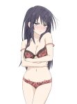  1girl absurdres black_hair blush bra breasts cho_kaguya-hime! cleavage closed_mouth commentary_request green_eyes highres long_hair looking_at_viewer medium_breasts mole mole_under_eye navel panties red_bra red_panties sakayori_iroha simple_background solo stomach thundradrawings underwear underwear_only white_background 