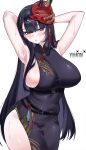  1girl armpits arms_behind_head arms_up artist_name black_dress black_hair blush breasts bright_pupils chaos_zero_nightmare china_dress chinese_clothes covered_navel dress fei_(chaos_zero_nightmare) highres horned_mask hornyumari large_breasts long_hair looking_at_viewer mask mask_on_head narrow_waist oni_mask pelvic_curtain print_dress red_eyes shiny_skin side_slit sideboob simple_background sleeveless sleeveless_dress solo standing sweat thighs very_long_hair white_background white_pupils wide_hips 