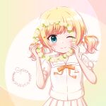  1girl ;) birthday blonde_hair blush bow character_name closed_mouth commentary_request dated flower gochuumon_wa_usagi_desu_ka? goth_risuto hair_bow head_wreath heart highres holding holding_wreath kirima_syaro looking_at_viewer one_eye_closed orange_bow pleated_skirt puffy_short_sleeves puffy_sleeves sailor_collar school_uniform serafuku shirt short_sleeves skirt smile solo twintails twitter_username white_bow white_flower white_sailor_collar white_serafuku white_shirt white_skirt 