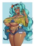  1girl alternate_breast_size_(larger) aqua_eyes aqua_hair bikini blue_bikini blue_shorts brazilian_miku breasts can cleavage closed_mouth commentary dark-skinned_female dark_skin drink_can eyewear_on_head flower green_nails hair_flower hair_ornament hatsune_miku highleg highleg_bikini highres holding holding_can huge_breasts looking_at_viewer mrcrazyp3 multicolored_nails nail_polish open_fly red_flower see-through_clothes see-through_shirt shirt short_shorts shorts smile soda_can solo sunglasses swimsuit tied_shirt twintails vocaloid yellow_nails yellow_shirt 