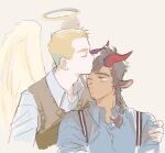 2boys all_saints_street animal_ears blue_shirt braid brown_hair brown_vest collared_shirt commentary_request cow_ears grey_background halo highres horns kiss kissing_forehead lynn_angel male_focus multiple_boys nick_holt red_horns shirt suspenders tensoba20230223 traditional_halo vest yaoi 