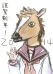  1girl 2014 amakaze_sora chinese_zodiac hand_up horse_mask long_sleeves lowres mask neckerchief original puffy_long_sleeves puffy_sleeves purple_sailor_collar red_neckerchief sailor_collar school_uniform serafuku shirt simple_background solo translation_request upper_body white_background white_shirt year_of_the_horse 