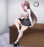  1girl absurdres alternate_costume black_skirt bow bowtie breasts brown_hair clock commentary desk english_commentary folder grey_background heterochromia high_heels highres holding holding_folder kneehighs large_breasts long_hair maik_beelzebub multicolored_hair neopolitan_(rwby) office_lady on_desk pink_hair rwby skirt socks solo split-color_hair table white_socks wooden_table 