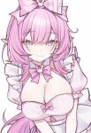  1girl apron arm_bow blue_eyes blush bow bowtie breasts cleavage closed_mouth commentary dress elf elysia_(honkai_impact) eyelashes frilled_apron frills hair_bow hair_intakes heart heart_print highres honkai_(series) honkai_impact_3rd large_breasts long_hair long_pointy_ears looking_at_viewer maid_apron miclipse pink_bow pink_bowtie pink_dress pink_hair pink_lips pink_pupils pointy_ears rabbit_ornament short_sleeves simple_background smile solo striped_bow waist_apron white_apron white_background 