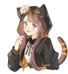  1girl :d arknights black_jacket black_ribbon blue_eyes blush brown_hair commentary commission cropped_torso english_commentary fang flower gold_jewelry head_chain highres hood hood_up hooded_jacket jacket jewelry ko-fi_commission long_hair long_sidelocks neck_ribbon open_clothes open_jacket open_mouth pepe_(arknights) rep120105 ribbon sample_watermark sidelocks simple_background skin_fang smile solo tail tail_ornament tail_raised tail_ring two-sided_fabric two-sided_jacket watermark white_background white_flower yellow_jacket 