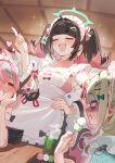  3girls alternate_costume angels_of_delusion apron aqua_hair aria_(zenless_zone_zero) black_hair blush bow closed_eyes commentary_request gloom_(expression) green_bow green_hair hair_bow halo hand_on_own_hip hand_up highres index_finger_raised indoors japanese_clothes maid maid_headdress medium_hair multicolored_hair multiple_girls nangong_yu open_mouth pink_hair ruiuncle sitting smile standing streaked_hair sunna_(zenless_zone_zero) twintails wa_maid white_apron zenless_zone_zero 