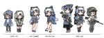  6+girls absurdres battle_rifle black_eyes black_hair dress fn_fal glasses gun headdress highres imi_galil_galatz leggings load-bearing_vest long_skirt military_uniform multiple_girls nusisring_tactical rifle skirt smile tactical_clothes vectorek weapon 