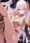  0nineo9 1girl absurdres armlet asymmetrical_sleeves bare_shoulders bikini black_thighhighs blush breasts cleavage commentary detached_collar detached_sleeves earrings elbow_gloves fate/strange_fake fate_(series) gloves gold_trim hair_ornament hair_ribbon highres hoop_earrings ishtar_(fate) jewelry large_breasts long_hair looking_at_viewer medium_breasts neck_ring philia_(fate) red_eyes ribbon single_detached_sleeve single_elbow_glove single_thighhigh smile solo swimsuit thighhighs thighs uneven_sleeves white_hair 