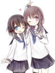  2girls :d ;) ;d \m/ amakaze_sora arm_up black_pantyhose black_sailor_collar black_skirt blue_hair blue_neckerchief brown_hair closed_mouth cowboy_shot fang hair_ornament hair_over_shoulder hairclip long_hair long_sleeves low_twintails multiple_girls neckerchief one_eye_closed original pantyhose pleated_skirt puffy_long_sleeves puffy_sleeves purple_eyes sailor_collar shirt simple_background skirt smile twintails white_background white_shirt 
