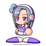  1girl aqua_hair artist_request commentary_request copyright_notice dress grey_hair headphones headset jikkyou_powerful_pro_yakyuu jikkyou_powerful_pro_yakyuu_(style) long_hair multicolored_dress multicolored_hair multicolored_shoes no_mouth official_art one_side_up power_pro_appli purple_dress purple_eyes purple_shoes purple_trim rayman_limbs shoes side_part solo tachi-e two-tone_shoes wakamatsu_wakana white_background white_dress white_shoes wristband 