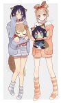  2girls animal_ears blue_cardigan blue_hair blue_shorts blue_socks brown_eyes brown_hair camisole cardigan character_doll cho_kaguya-hime! closed_mouth colored_inner_hair doll extra_ears forehead_jewel fox_ears fox_girl fox_tail highres kaguya_(cho_kaguya-hime!) kaguya_(tsukuyomi)_(cho_kaguya-hime!) multicolored_hair multiple_girls no_shoes orange_cardigan orange_shorts orange_socks rabbit_ears rabbit_girl sakayori_iroha sakayori_iroha_(tsukuyomi) shirt shorts sleeves_past_fingers sleeves_past_wrists socks striped_clothes striped_socks tail tied_ears urtk07 white_camisole white_shirt 