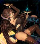  bare_shoulders breasts brown_hair detached_sleeves green_eyes hair_ornament hairclip hanami_dango_(zzldango) highres large_breasts long_hair looking_at_viewer original science_fiction solo thighhighs tsurime very_long_hair 