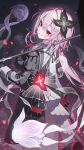  1girl absurdres black_dress black_gloves chama_(chacoc0) commentary dress evernight_(honkai:_star_rail) floating_hair flower from_behind gloves hair_flower hair_ornament highres holding holding_umbrella honkai:_star_rail honkai_(series) jellyfish long_hair long_sleeves looking_at_viewer march_7th_(honkai:_star_rail) parted_lips pink_hair red_eyes smile solo standing umbrella 