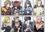  2girls 6+boys barnabas_tharmr beard_stubble benedikta_harman black_cloak black_dress black_gloves black_hair black_jacket blonde_hair blue_eyes blue_flower blue_shirt blue_vest border bouquet braid breasts brown_gloves brown_hair child cidolfus_telamon clive_rosfield cloak closed_eyes closed_mouth collarbone columbine_(flower) commentary_request dion_lesage disembodied_hand dress facial_hair fingerless_gloves flower forget-me-not_(flower) fur-trimmed_dress fur_trim furrowed_brow gauntlets gloves grey_border grey_eyes grey_hair hair_between_eyes hair_over_one_eye head_wreath highres holding holding_bouquet holding_flower hugo_kupka jacket jewelry jill_warrick joshua_rosfield jote_(ff16) large_breasts light_smile lily_(flower) long_hair looking_at_viewer medium_breasts midadol_telamon multiple_boys multiple_girls multiple_rings open_mouth out_of_frame parted_bangs parted_lips partially_fingerless_gloves pectorals police portrait purple_flower red_flower red_vest ring rose scar scar_on_cheek scar_on_face shirt short_hair side_braid single_glove stubble sweatdrop terrence_(ff16) upper_body very_short_hair vest white_background white_flower white_rose white_shirt wristband y_esv4 yellow_eyes yellow_flower 