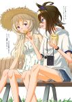  2girls absurdres animal_ears blonde_hair blue_eyes blue_shorts blush braid breasts brown_hair commentary_request dress ears_through_headwear epiphaneia_(umamusume) food hair_between_eyes hair_tuft hat highres hood hood_down hoodie horse_ears horse_girl long_hair multicolored_hair multiple_girls official_alternate_costume open_mouth sabamisokanzume shorts sitting small_breasts smile straw_hat streaked_hair sun_hat translation_request umamusume victoire_pisa_(umamusume) white_dress white_hoodie 