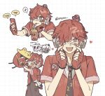  >_< 1boy :d ampico bubble_tea commentary_request fangs finger_heart fingerless_gloves florian_brand florian_brand_(beanie's_daily) gloves headphones highres identity_v male_focus multiple_views official_alternate_costume phone red_gloves red_hair red_shirt shirt smile white_eyes 