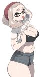  1girl breasts clothes_lift commentary half-closed_eyes headband highres inkling looking_at_viewer medium_breasts medium_hair micro_shorts mole mole_under_mouth navel no_bra pearl_(splatoon) presenting_own_breasts shirt_lift short_eyebrows shorts smile solo splatoon_(series) splatoon_2 stomach tentacle_hair thick_thighs thighs tongue tongue_out yuta_agc 
