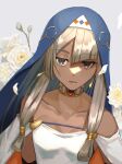  1girl absurdres bare_shoulders choker closed_mouth commentary_request dark-skinned_female dark_skin dress earrings flower frenci_mastibolt grey_background grey_eyes grey_hair hair_ornament hair_tubes half-closed_eyes highres jewelry solo suyansuya upper_body veil white_dress white_flower yuushakei_ni_shosu 