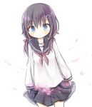  1girl amakaze_sora black_hair black_sailor_collar black_skirt blue_eyes blush brown_neckerchief closed_mouth hair_between_eyes hair_ornament hair_over_shoulder hairclip long_hair long_sleeves looking_at_viewer low_twintails neckerchief original pleated_skirt puffy_long_sleeves puffy_sleeves sailor_collar school_uniform serafuku shirt skirt solo twintails white_background white_shirt 